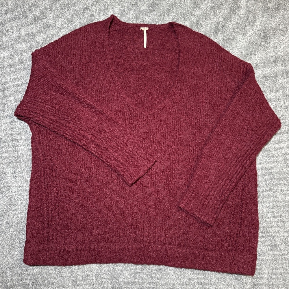 Free People‎ Alpaca Blend Oversized V Neck Long Sleeve Sweater Womens S Burgundy